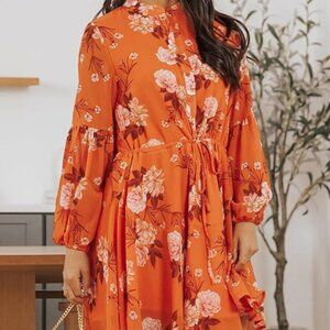 Knee Length Floral Print Ruffle Hem Dress